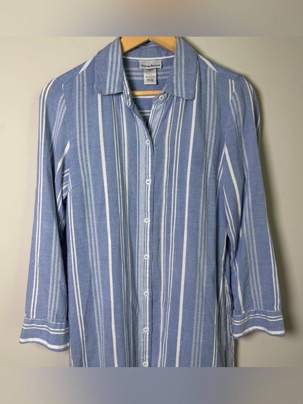 Tommy Bahama Striped Maxi Shirtdress Long Sleeve Roll Cuff Coastal Blue White XS - Picture 2 of 9